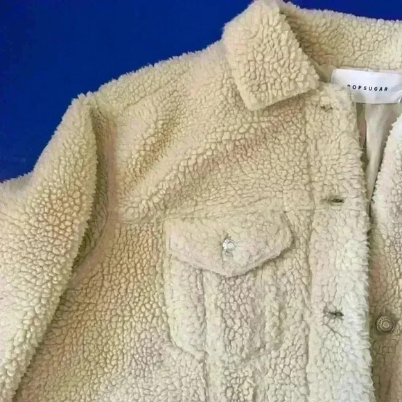 Popsugar Sherpa trucker jacket coat size Large tan beige - Picture 5 of 10